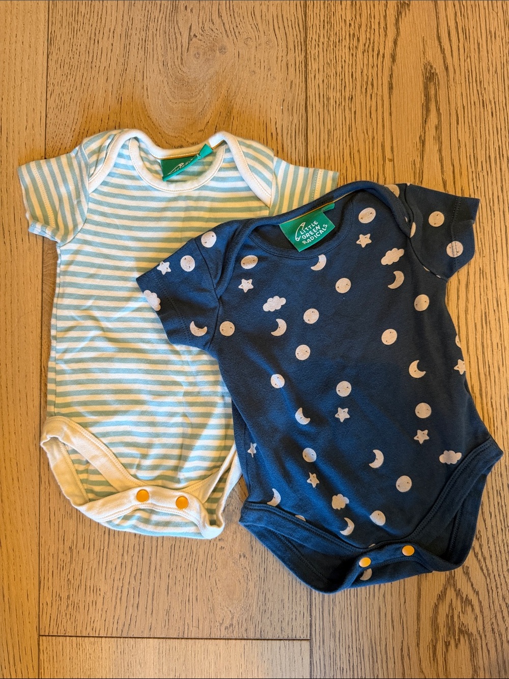 Little Green Radicals Navy Moon Print & Light Blue Stripe One-Piece Set